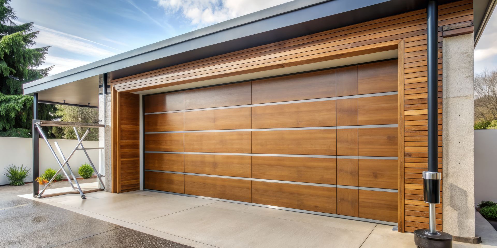 Modern brick-and-wood garage with a closed wooden door and concrete driveway