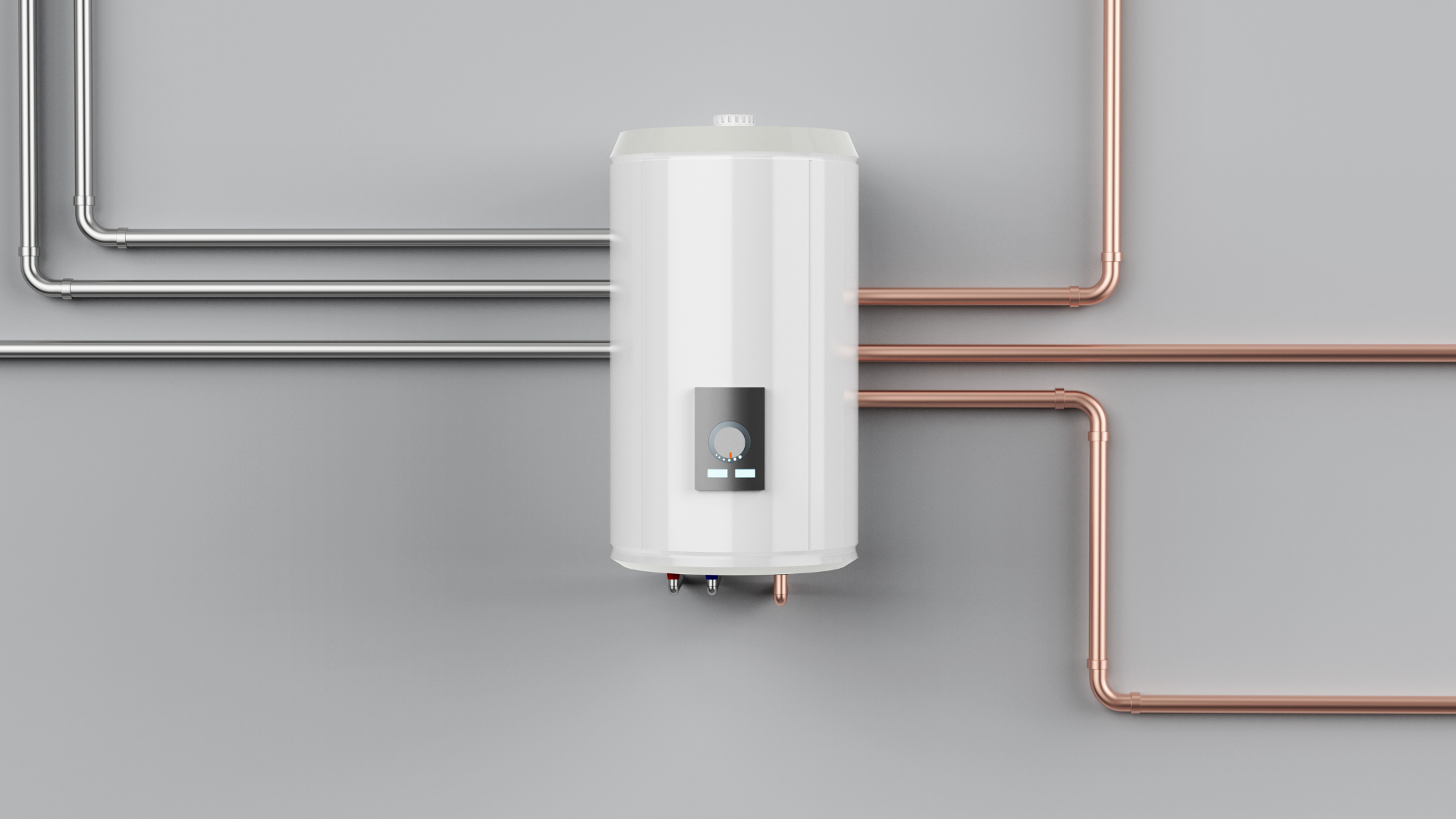 A water heater is connected to copper pipes on a wall.