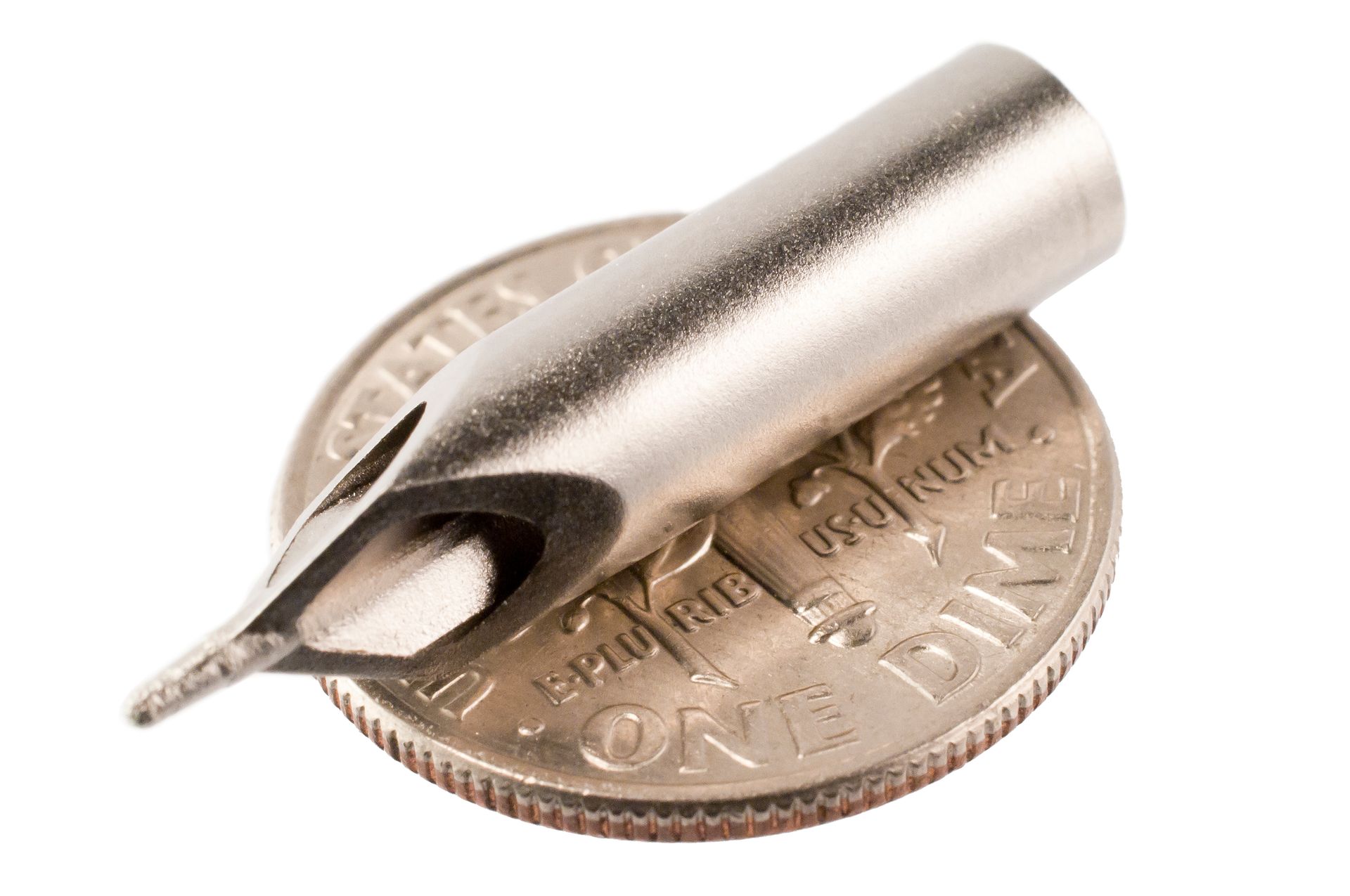 Medical metal injection molded part with dime for scale