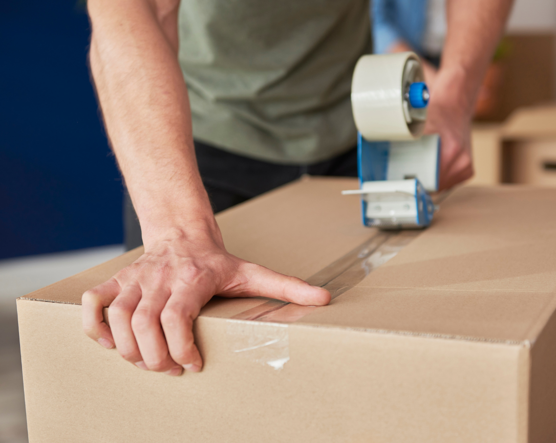 A man is taping a cardboard box with tape.