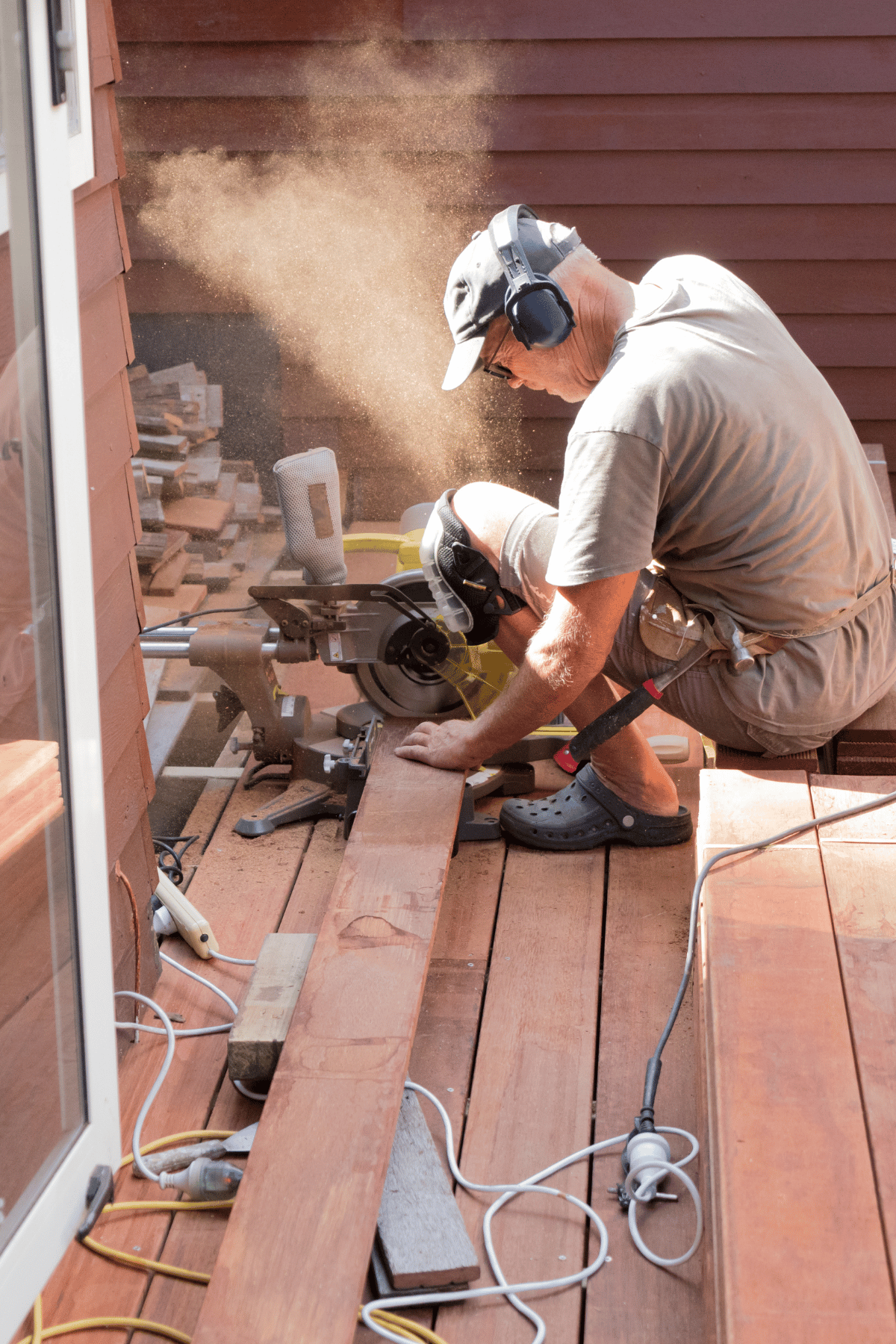 A man is cutting a piece of wood with a circular saw on a deck.