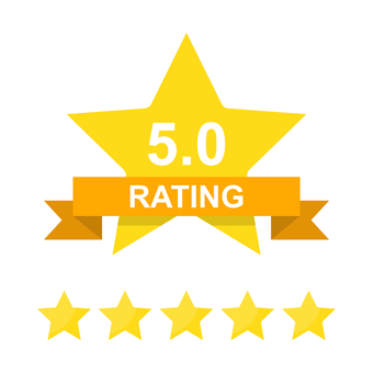 A yellow star with a yellow ribbon that says 5.0 rating