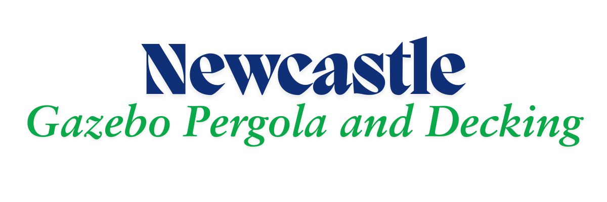 The logo for newcastle gazebo pergola and decking is blue and green.