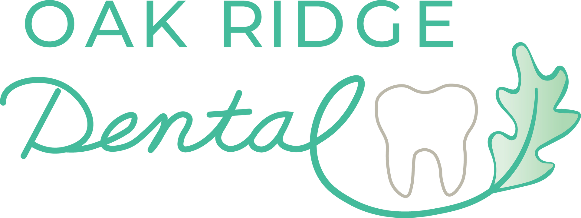 The logo for oak ridge dental shows a tooth and an oak leaf.