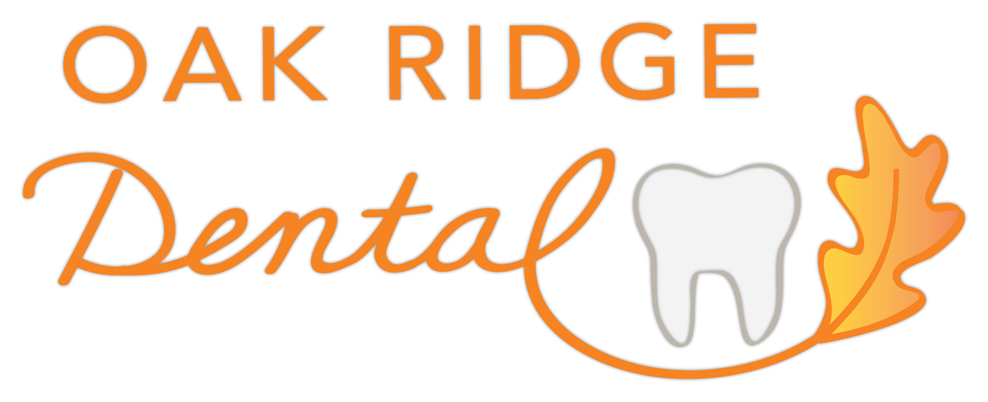 The logo for oak ridge dental shows a tooth and leaves.