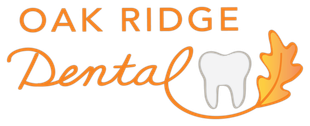 The logo for oak ridge dental shows a tooth and leaves.