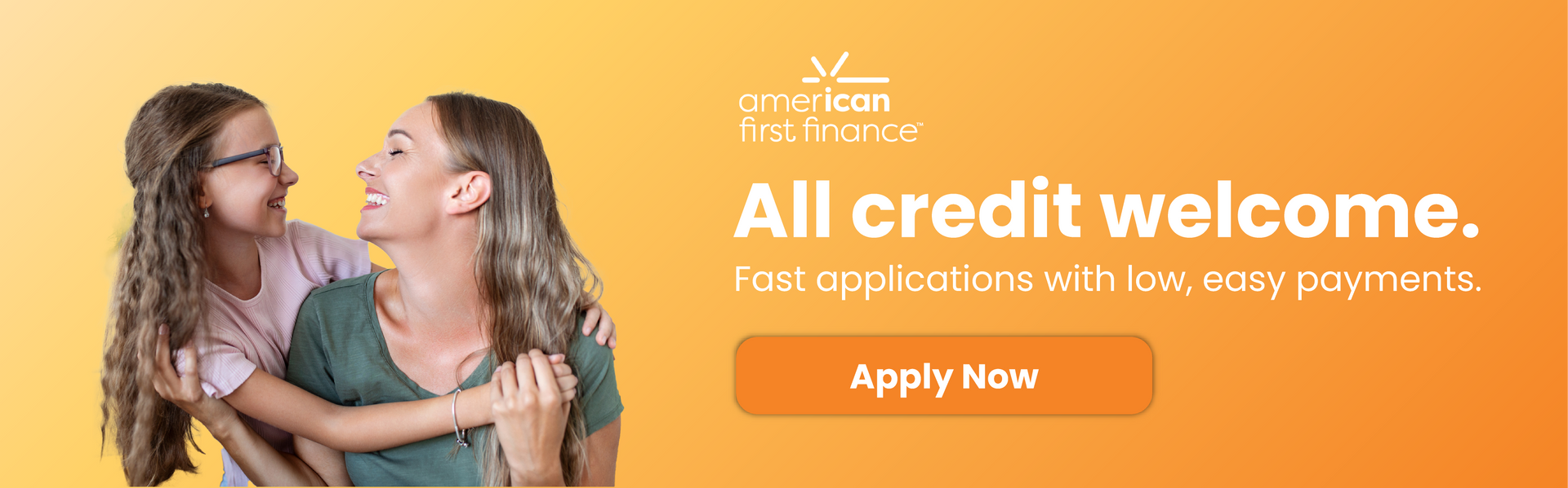 Two smiling women face each other on a yellow background with “All credit welcome” and an “Apply Now” button.