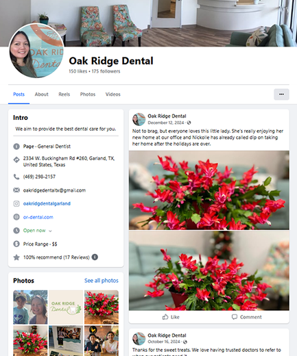 A facebook page for oak ridge dental with a picture of red flowers.
