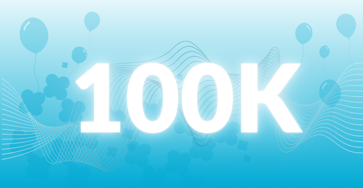 A 3d rendering of a speech bubble with the words `` 100k '' and hearts on a blue background.