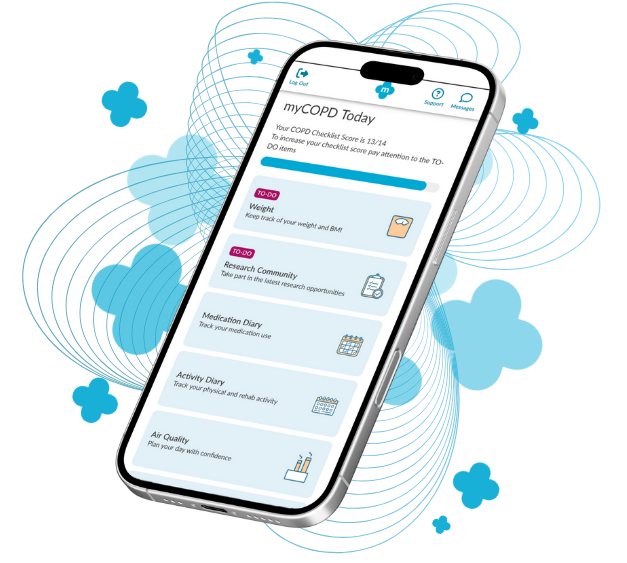 A cell phone with the mycopd today app open on it.