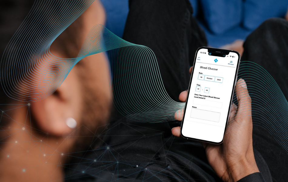 Person using smartphone to book service. Blue and green lines overlay background.