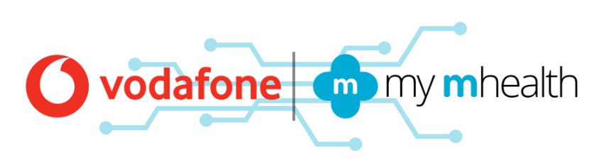 Vodafone and my mhealth logos on a blue background