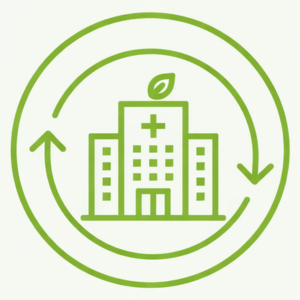 Healthcare building icon representing the reduction of hospital admissions and clinical footfall.