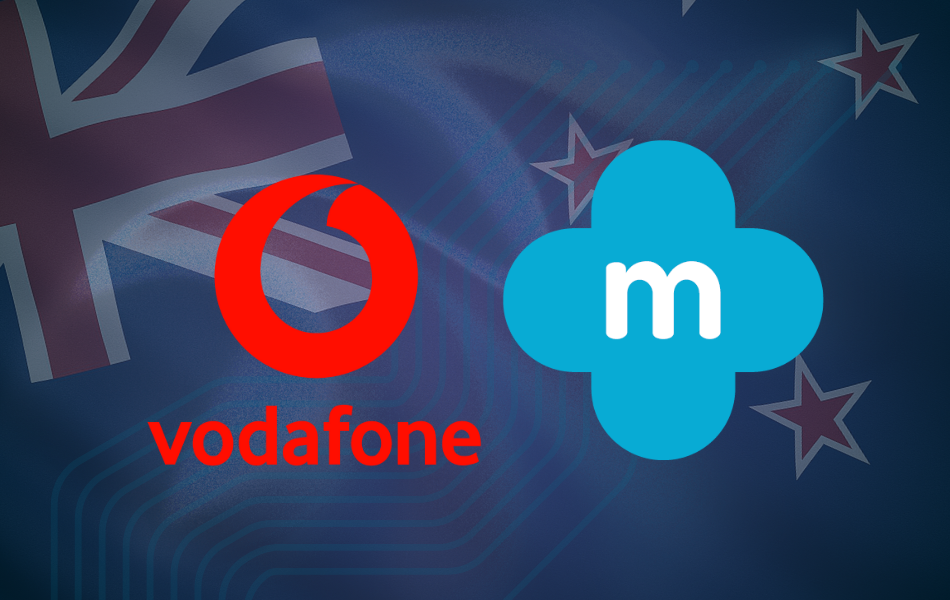 Vodafone and my mhealth logos on a blue background