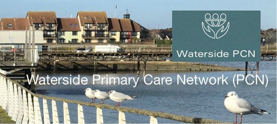 Several seagulls are sitting on a fence near the water and the words waterside primary care network ( pcn ) are above them