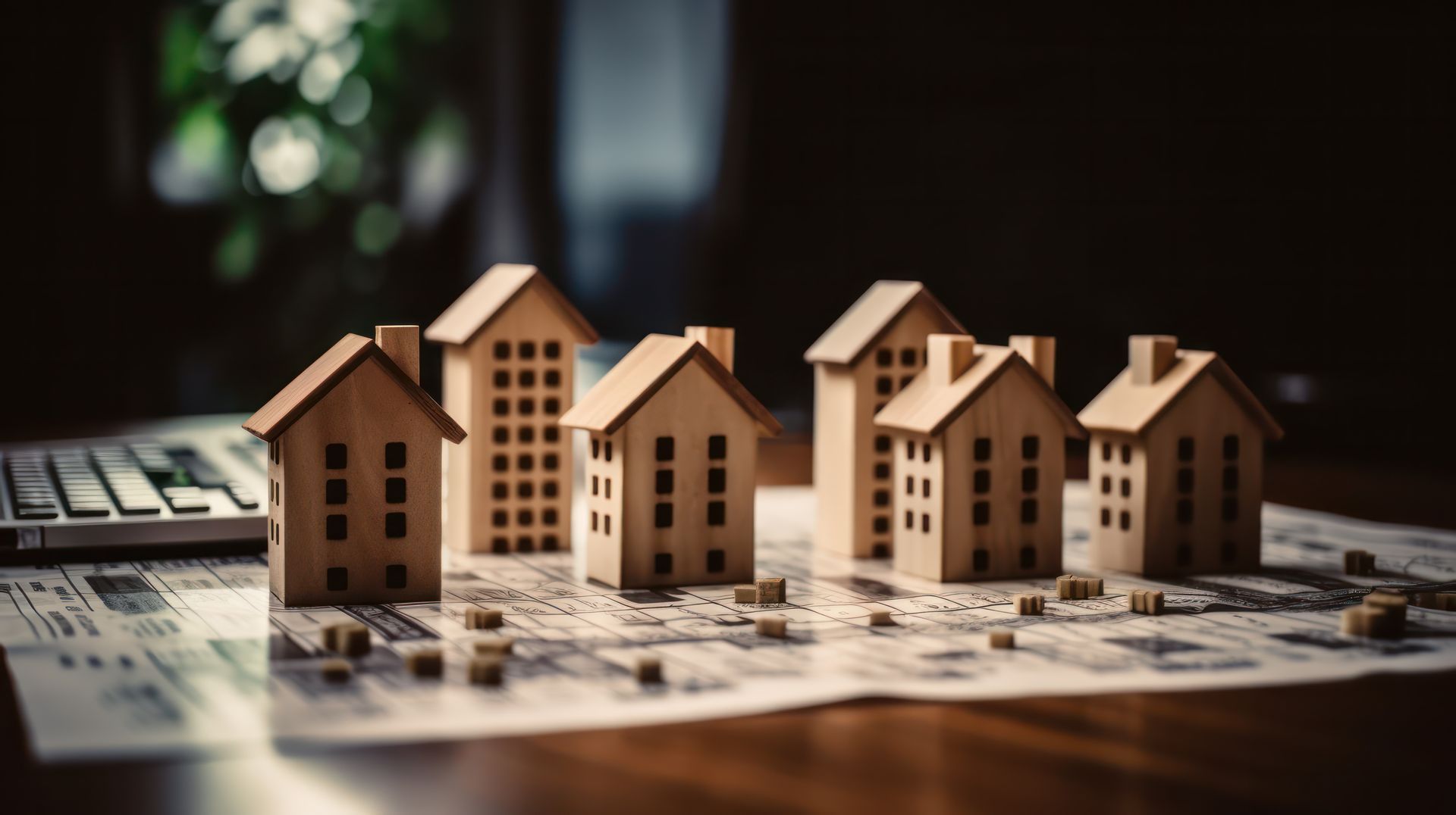 Miniature wooden houses arranged , representing Tacoma real estate transaction lawyer.