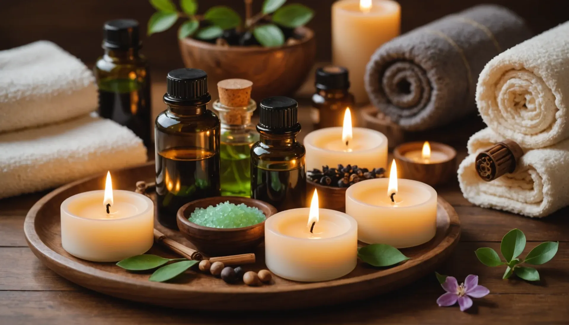 A wooden tray filled with candles , essential oils , towels and flowers.