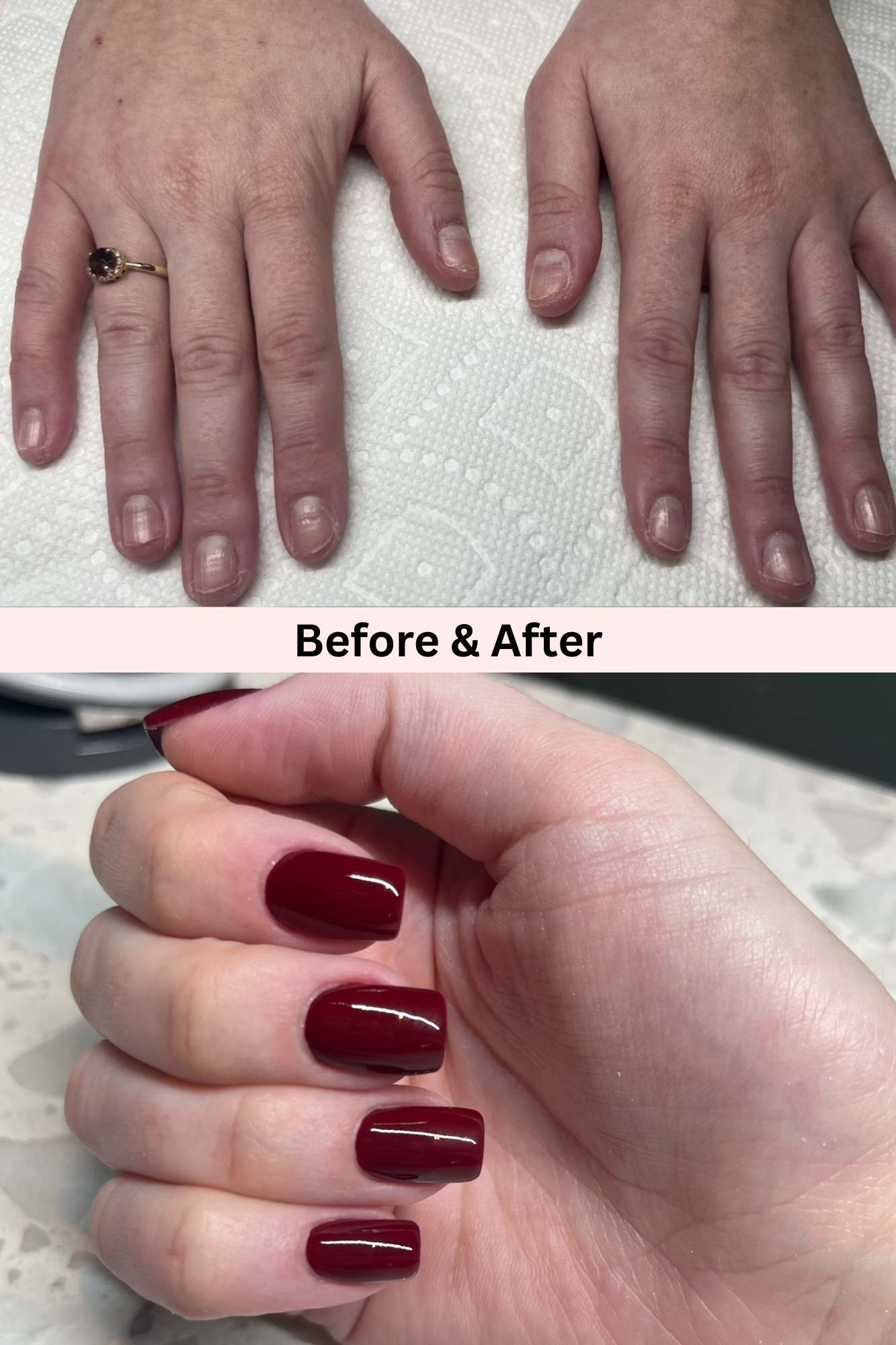 A before and after photo of a woman 's hands with red nails.