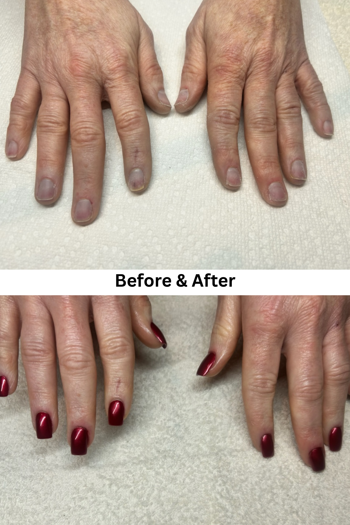 A before and after photo of a woman 's hands with red nails.