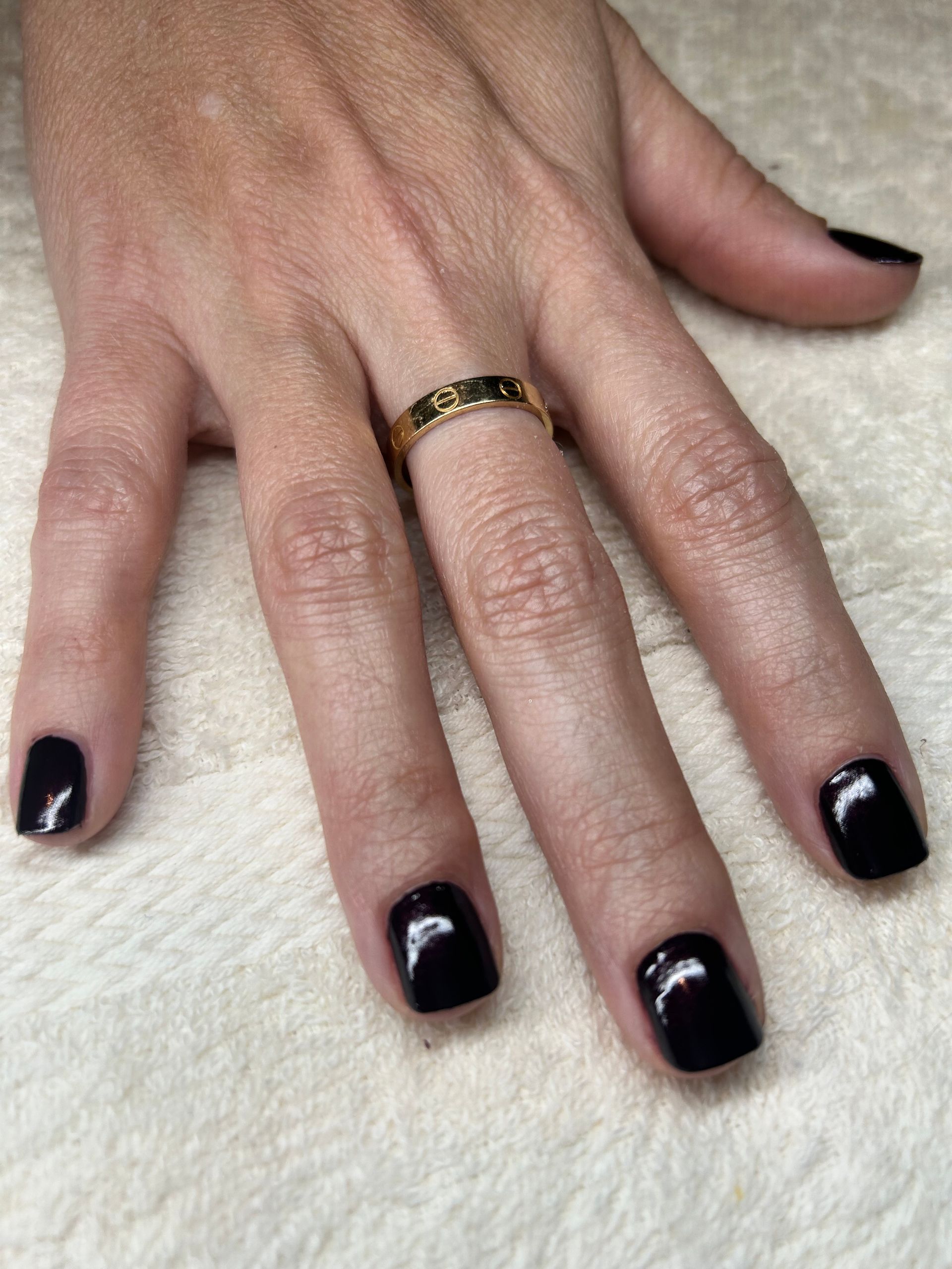 Close up dark painted nails at  Spa La La Tampa after a Dazzle Dry manicure.