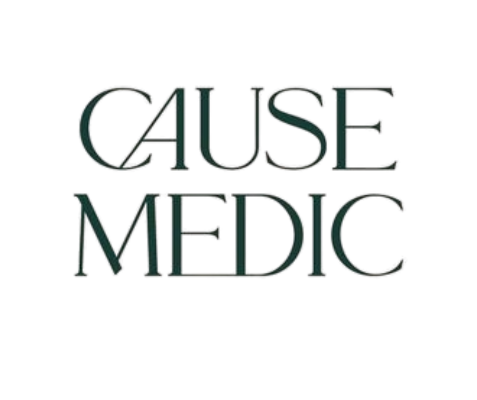 A logo for cause medic on a white background