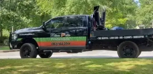 A black pickup truck with a flatbed and colorful company branding parked on a grassy verge near trees.