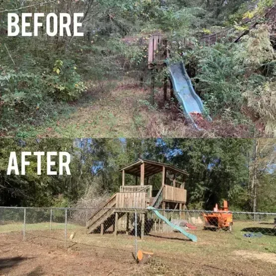 A before and after comparison of a wooded yard being cleared, revealing a wooden play structure and a new chain-link fence.
