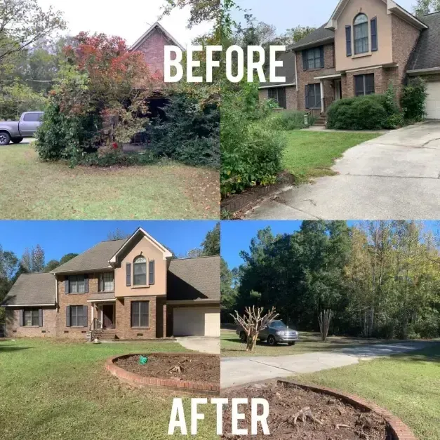 Before and after comparison of a house showing significant landscaping removal and exterior cleanup.