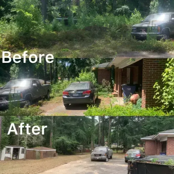 Before and after comparison of a property exterior, showing a yard cleared of heavy overgrowth and brush.