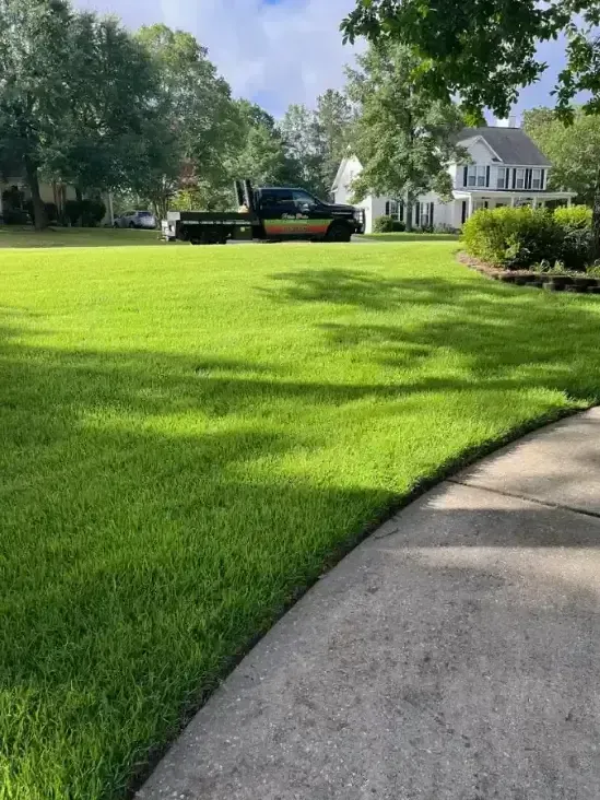 A flatbed truck parked on a residential street next to a bright green lawn and a concrete sidewalk.