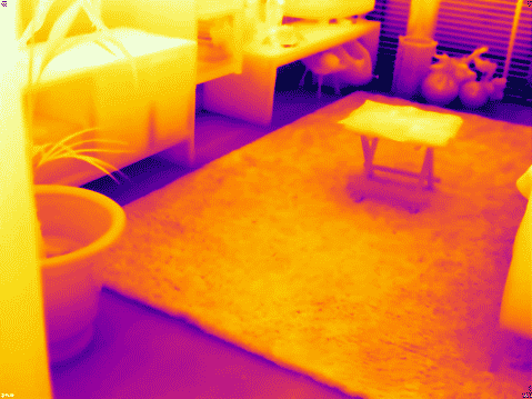 Thermisch beeld van een woonkamer met een kleed, meubels en een potplant in tinten geel en paars.