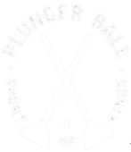 A white logo with two crossed plungers in the center and the text "PLUNGER BALL: SPORT OF KINGS" curved around them.