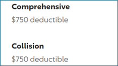 Car insurance coverages: Comprehensive and Collision, both with $750 deductible.