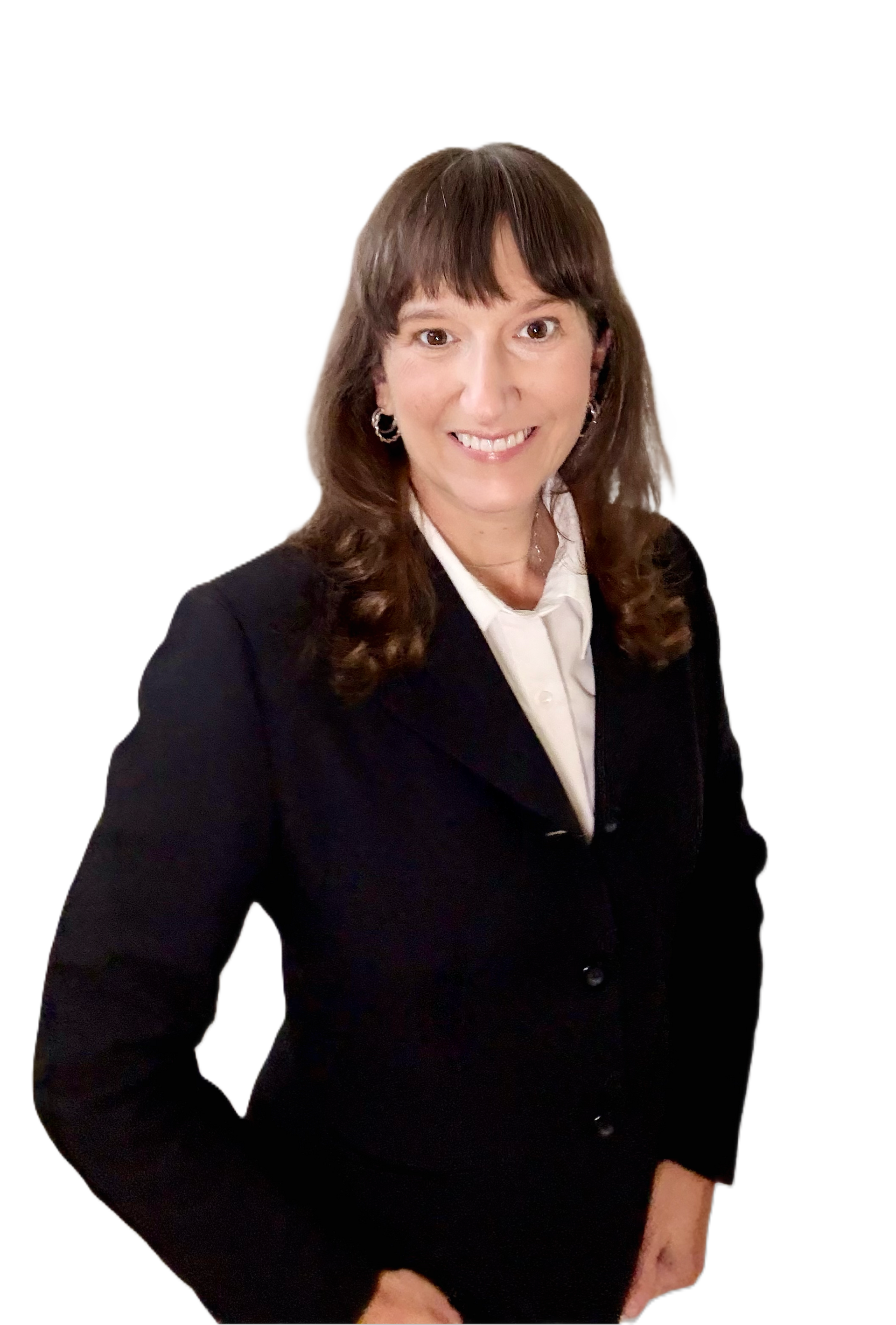 Woman in a black suit, smiling, with brown hair, against a white background.