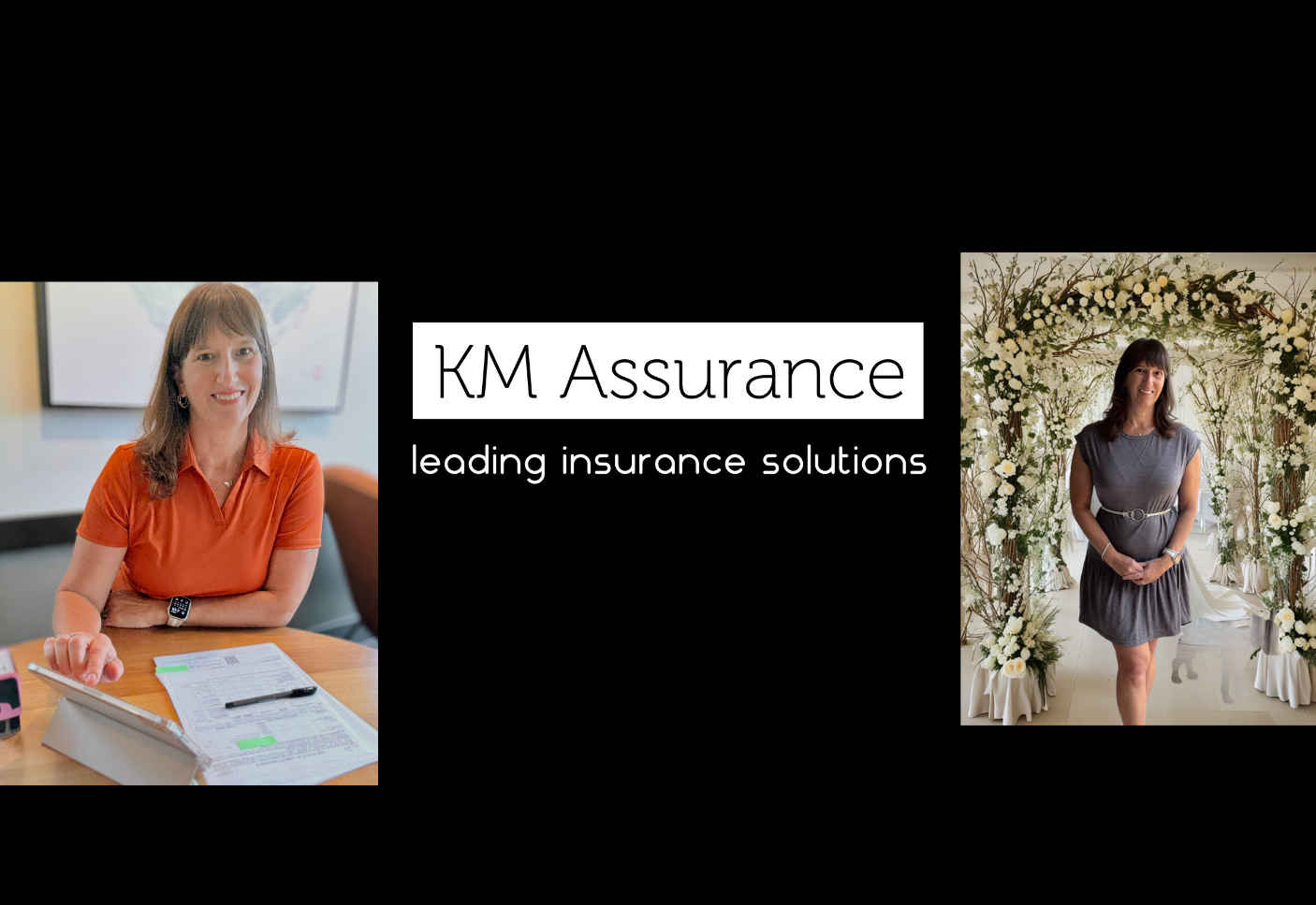 KM Assurance logo between two women, one at a desk and one in front of flowers.