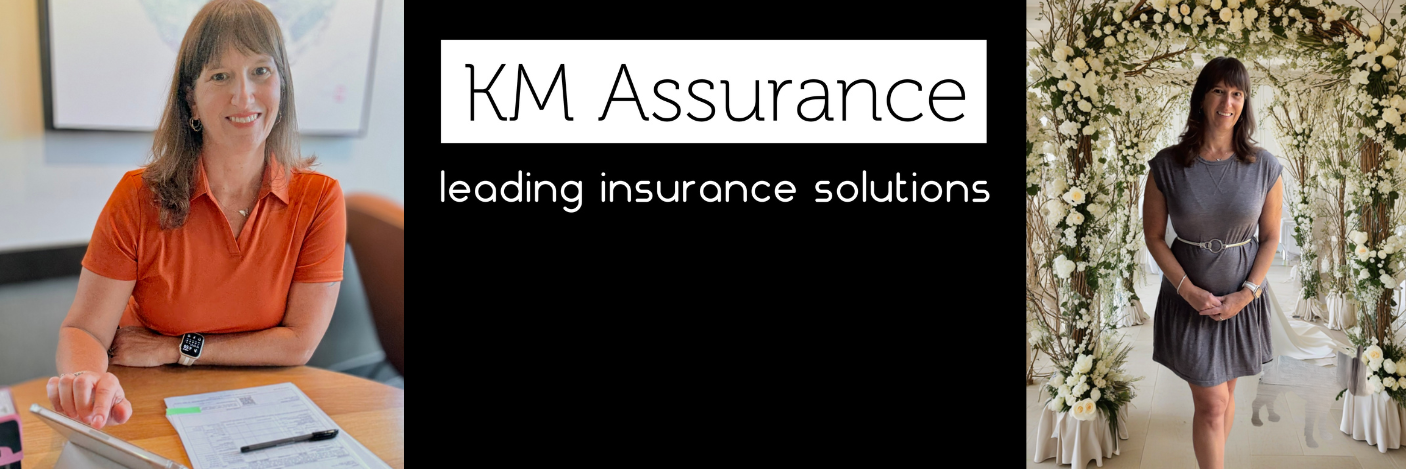 KM Assurance logo between two women, one at a desk and one in front of flowers.
