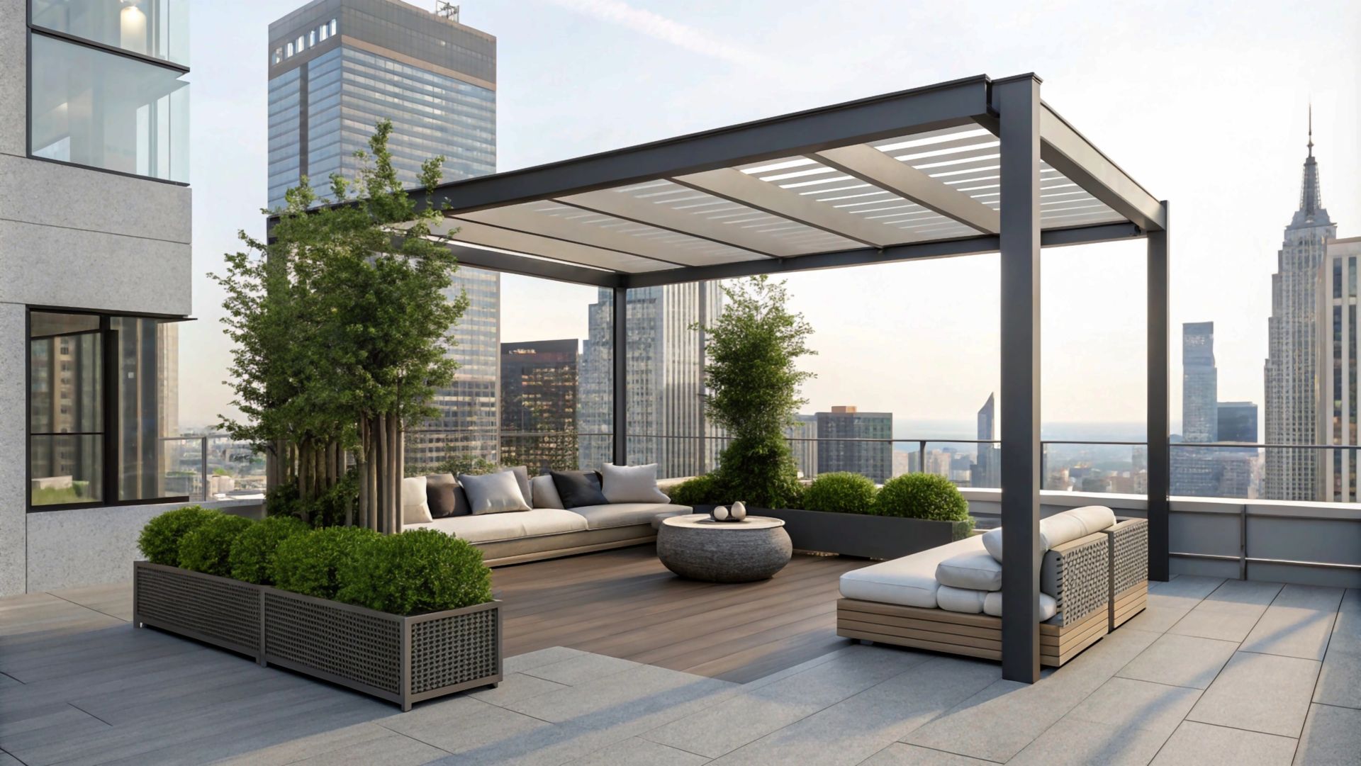 a stylish pergola with outdoor seating on a building's rooftop