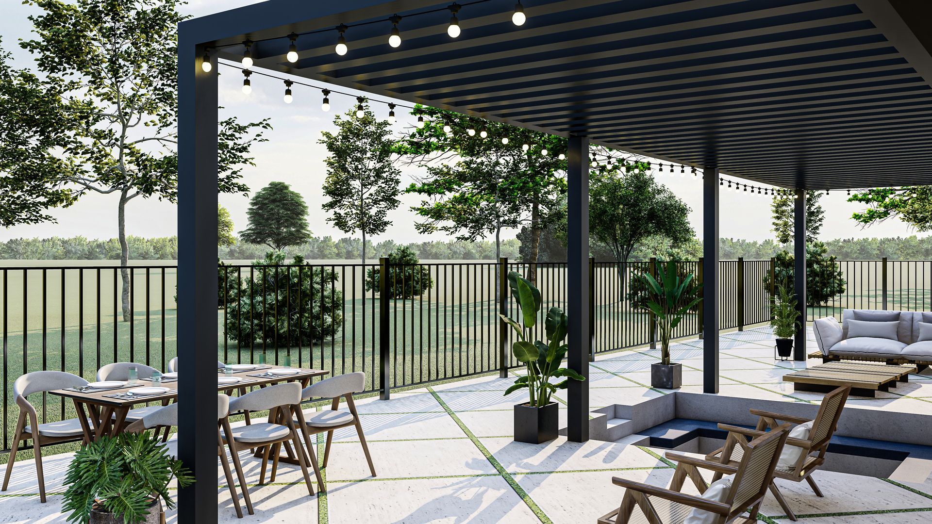 a black pergola outdoor setting