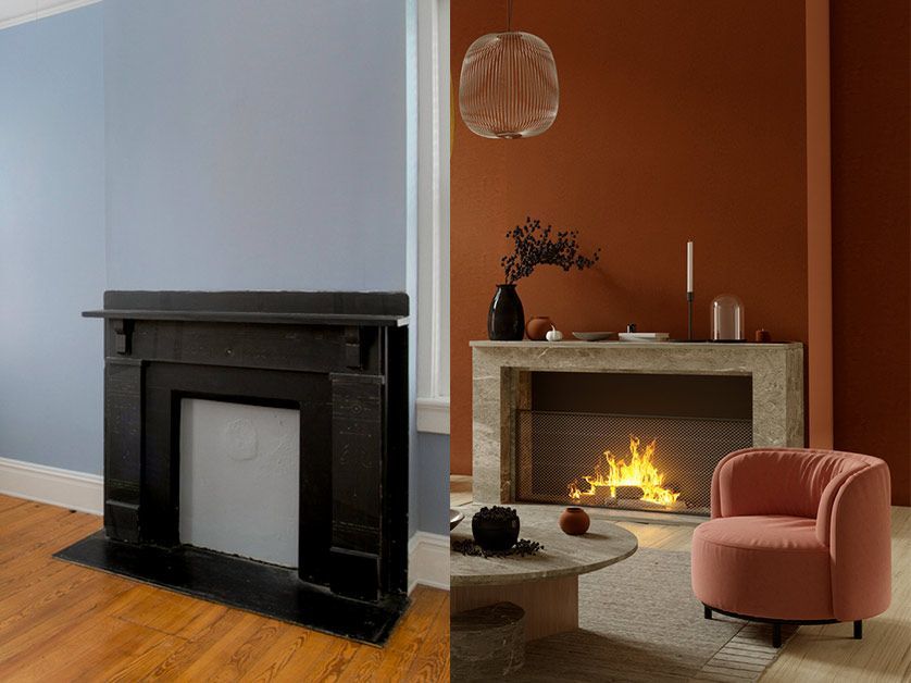 A living room with a fireplace and a chair