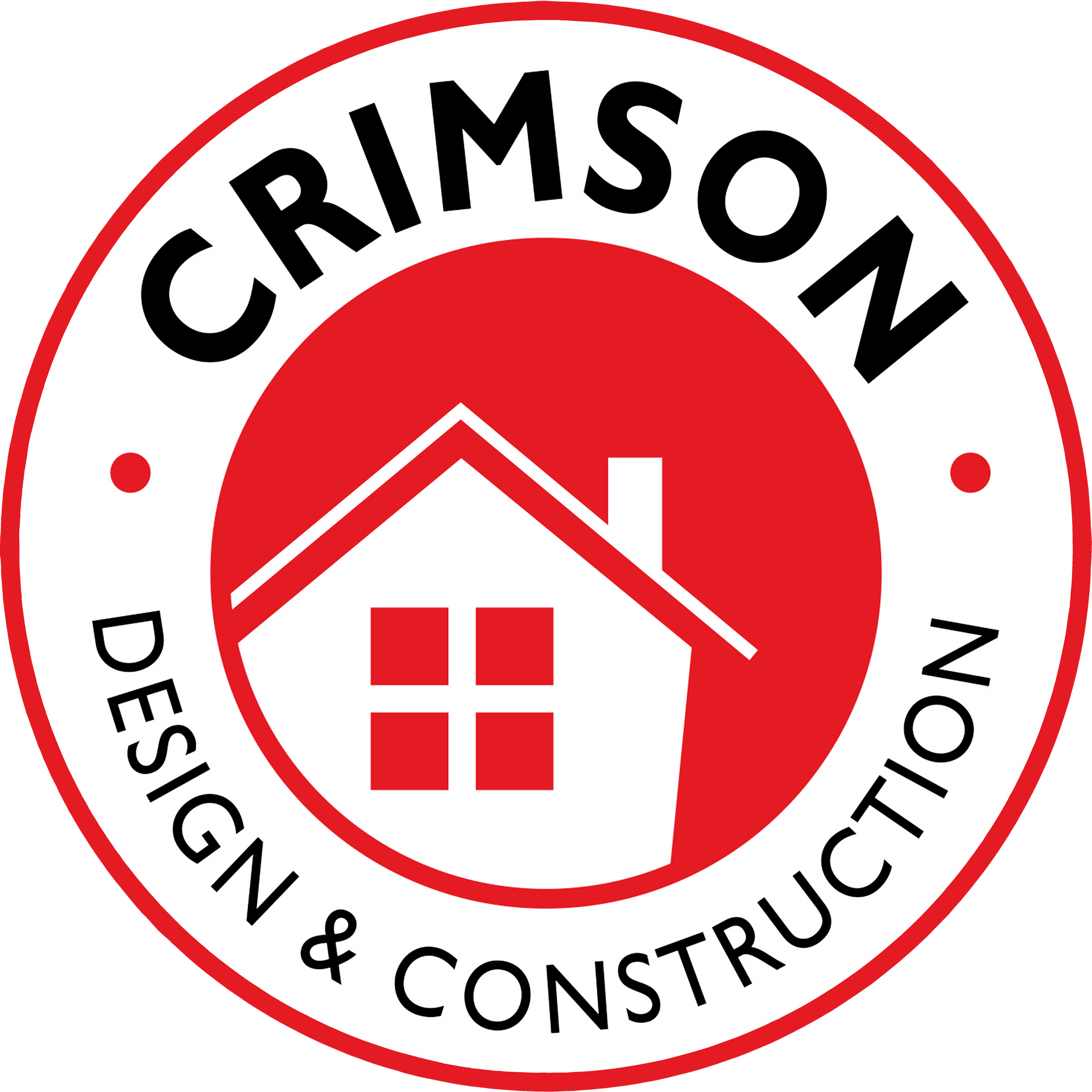 The logo for crimson design and construction shows a house in a red circle.