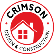 The logo for crimson design and construction shows a house in a red circle.