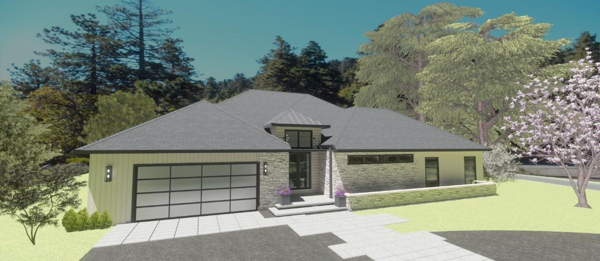 A computer generated image of a house with a garage and trees in the background.