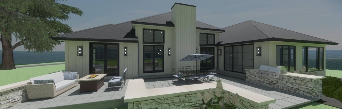 A computer generated image of a house with a patio and a fireplace.