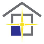 Gray house outline with yellow starburst in a blue window.