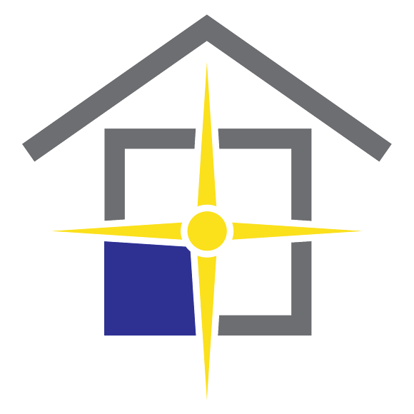 Gray house outline with yellow starburst in a blue window.