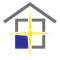 Gray house outline with yellow starburst in a blue window.