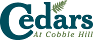 Cedars at Cobble Hill logo with teal text and a fern graphic.