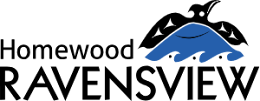 Homewood Ravensview logo with raven symbol over blue waves, black text.