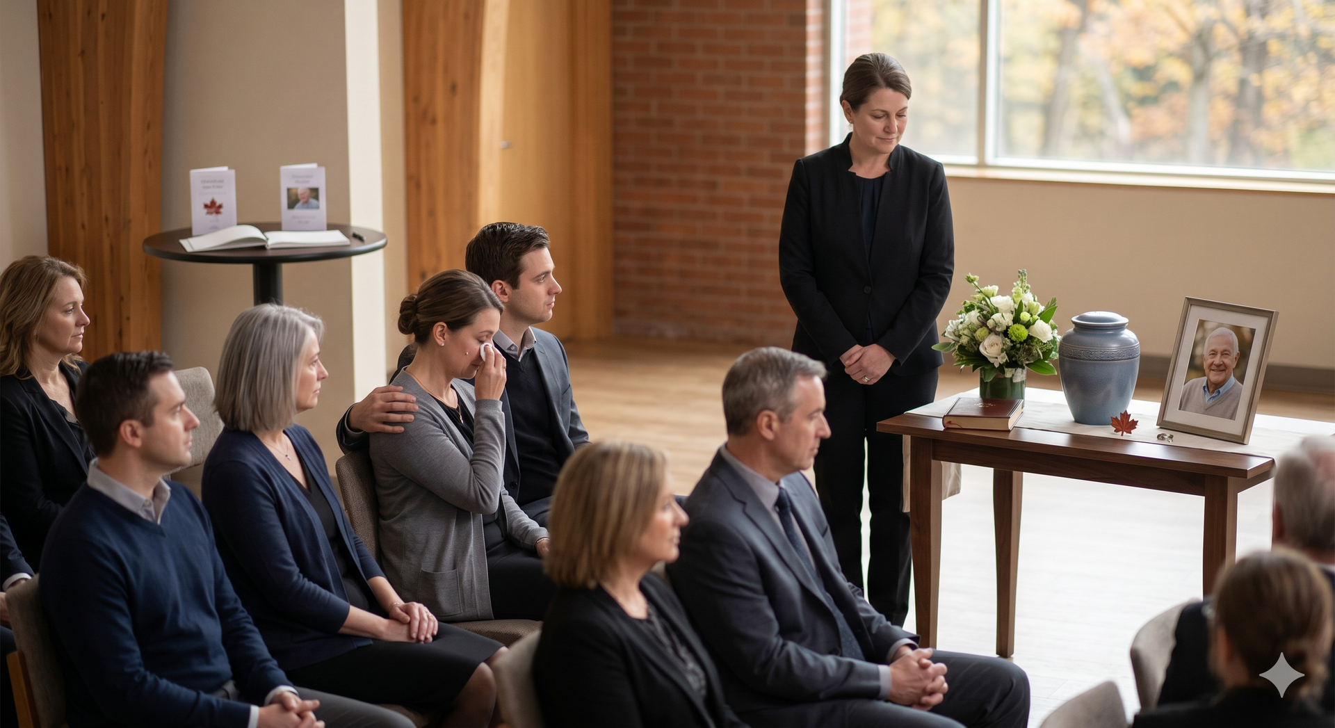 cremation service with woman standing at the front with a memorial setup