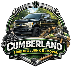 Cumberland Hauling & Junk Removal logo with black pickup, tire debris, and green arch